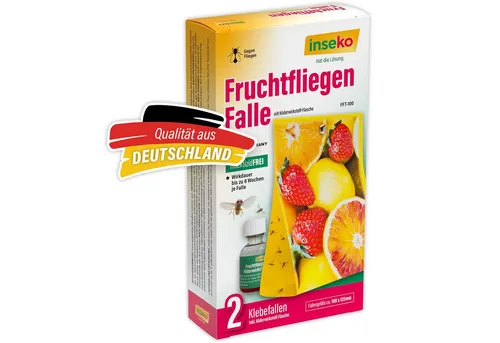 Inseko Insektenfalle 2x inseko Fruchtfliegen Falle I effektive Obstfliegenfalle, inkl. Fruchtfliegenköder und 2 Klebefallen je Packung