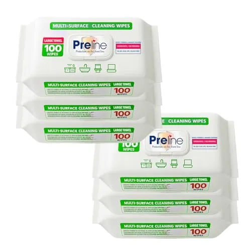 Preline Multi Surface Oberflächenreinigungstücher, Feuchte Allzwecktücher, Extra Dick&Breit, Weißer Seifenduft,Frei von SLS/SLES/Bleichmittel,für Haushalt Küche Bad WC Elektronik Fenster,100 Stück (6)