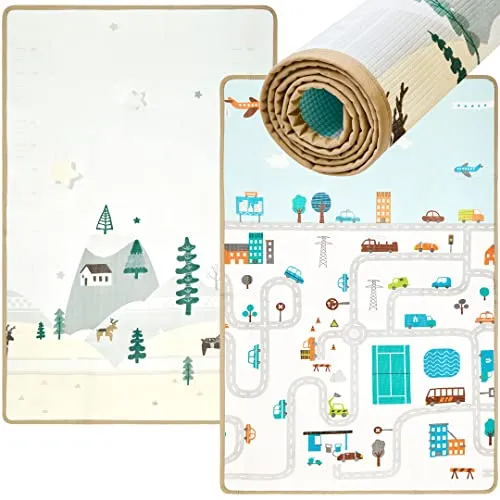 Mamabrum Baby Krabbelmatte Spielmatte - Märchenland & Stadt Design - Faltbare Spielmatte für Kinder, 120 x 180 cm, aus ungiftigem XPE-Schaum, wasserdicht und rutschfest für sicheres Spielen in einer magischen Umgebung.