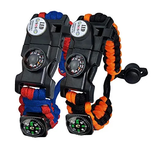 AuRiver Paracord Survival Armband Kit für Herren Damen, Survival Armband mit Feuerstein + Kompass + Thermome (Rot und Blau + Orange)