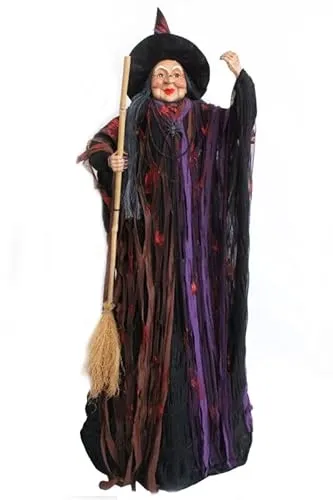 ELLUG große stehende Hexe mit Fransenkleid, Hexenhut & Hexenbesen, lautes Lachen & rote Leuchtaugen H.: 100cm (0182380)