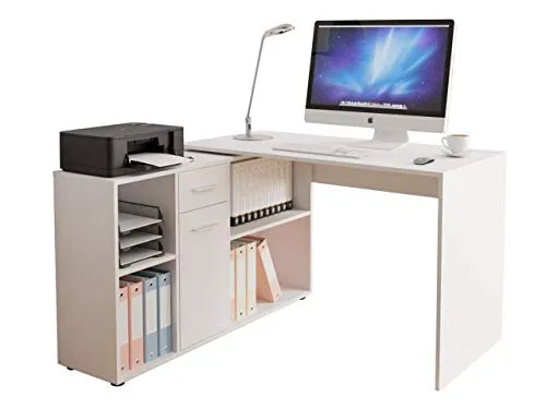 Eckschreibtisch Armando mit Regal - Vielseitiger Winkelschreibtisch - Schreibtisch in Weiß, ideal für effiziente Raumnutzung mit Regalfächern und Schublade. Perfekt für Büro oder Kinderzimmer!