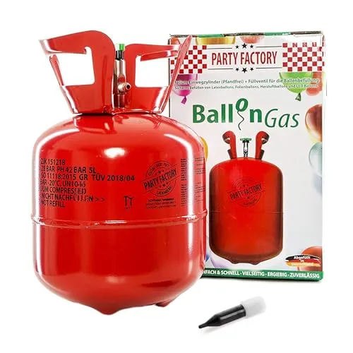 Party Factory Helium Ballongas für 20 Ballons - Helium für bis zu 20 Ballons – ideal für jede Feier! Mit der praktischen Einwegflasche zaubern Sie schnell schwebende Ballons. Perfekt für Hochzeiten, Geburtstage und mehr.