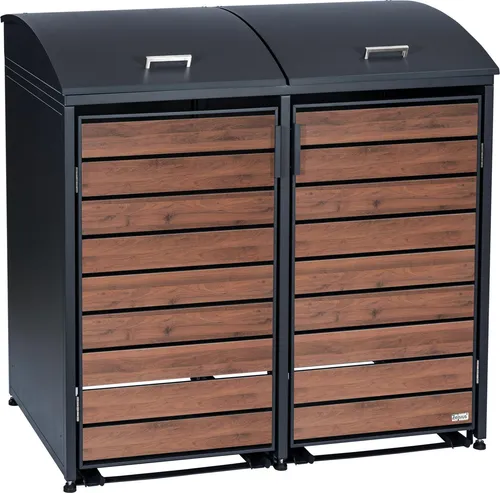 Zelsius Mülltonnenbox für 2er Mülltonne | Walnuss & Anthrazit RAL7016 - Mülltonnenbox für 120-240 Liter, zeitloses Design in Holzoptik, robust aus verzinktem Stahl und mit praktischem Soft-Close-Deckel für leises Schließen.