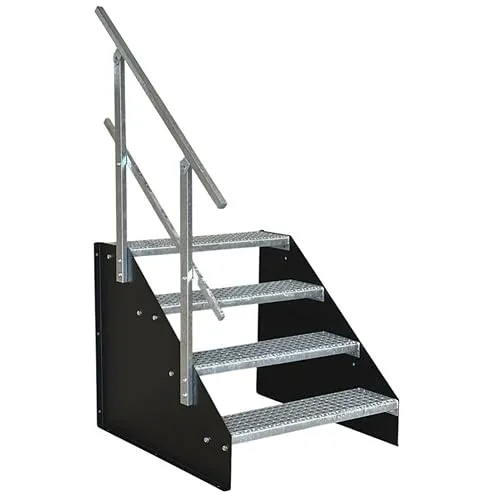SRM Design Außentreppe 4 Stufen mit Geländer - Freistehende 4-Stufen-Stahltreppe, ideal für den Außenbereich. Mit einseitigem Geländer, kompakt und leicht aufstellbar. Perfekt für Garten, Wohnwagen oder gewerbliche Nutzung.