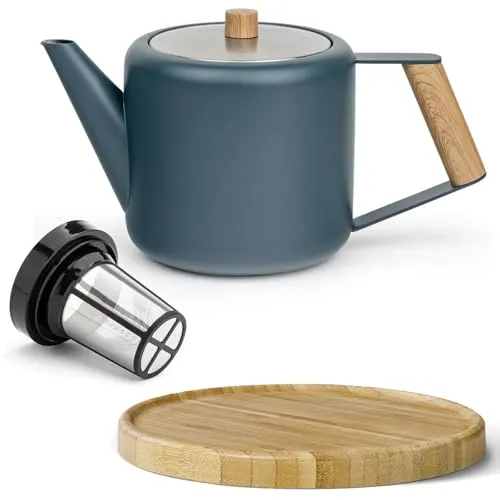 Bredemeijer blaue doppelwandige Teekanne 1.1 Liter aus Edelstahl - große isolierende Edelstahlkanne mit Teefilter-Sieb-Aufsatz & braunem Holzuntersetzer