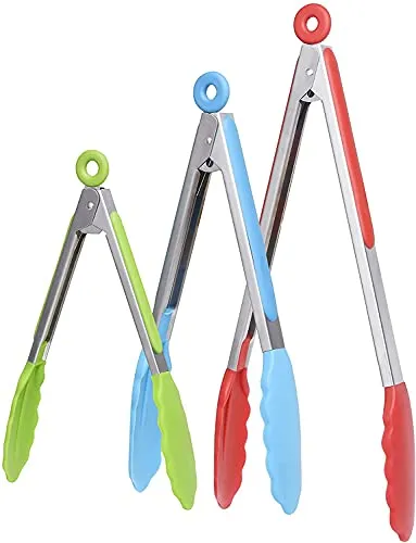 iNeibo Grillzange Küchenzange aus Edelstahl und lebensmittelechtem Silikon. 3er Set Mehrfarbig