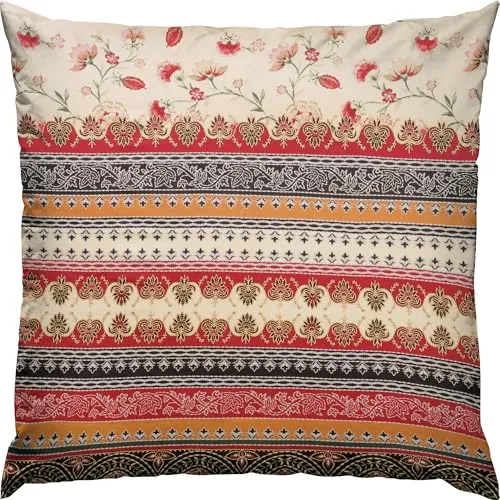 Erwin Müller Mako-Satin Kissenbezug Blumen und Bordüren beige-rot Größe 80x80 cm - seidig weiche Qualität, temperaturausgleichend, mit Reißverschluss