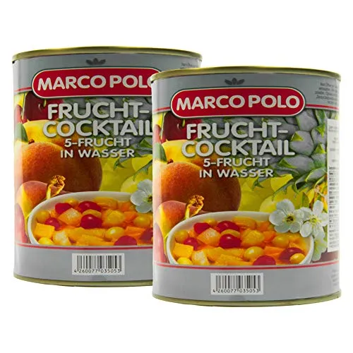 Food-United 5-Frucht-Cocktail in Wasser 2 Dosen Füllmenge 820g ATG 500g Birnen Pfirsiche Weintrauben Ananas Kirschen exotische Aromen harmonisch abgeschmeckt sorgfältig ausgewählt (2 Dosen)