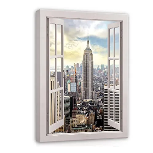 WallArena - Leinwand Bilder - Fensterbilck Fenster New York Stadt - 80x60 cm Leinwandbilder - Bild auf leinwand - Wandbild XXL groß Wandbilder für Wohnzimmer Schlafzimmer Wohnzimmerbilder Modern