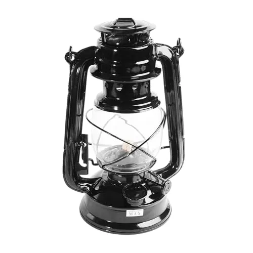 Metrox Petroleumlampe (schwarz, 24cm, 100ml Fassungsvermögen, mit Docht & Tragegriff, korrosionsbeständig, tragbare Lichtquelle, windfest, Dekolampe Außenbereich, Campinglampe, Öllampe) 1556