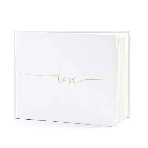 PartyDeco Gästebuch Hochzeit, Hochzeitsgästebuch - Weiß Rose + Gold + Love - Fotoalbum, Hochzeitsalbum, Hochzeitsbuch, Goldfarbene, Schriftverzierung - 24x18,5 cm, 22 Seiten