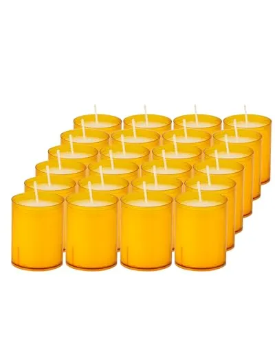 Sovie CANDLES Refill Kerzen Orange 24 Stück - Kerze in Kunststoff-Hülle - ca. 24 Stunden Brenndauer - Kerzen Deko Innen & Außen - Schützt Glas & Dekoration