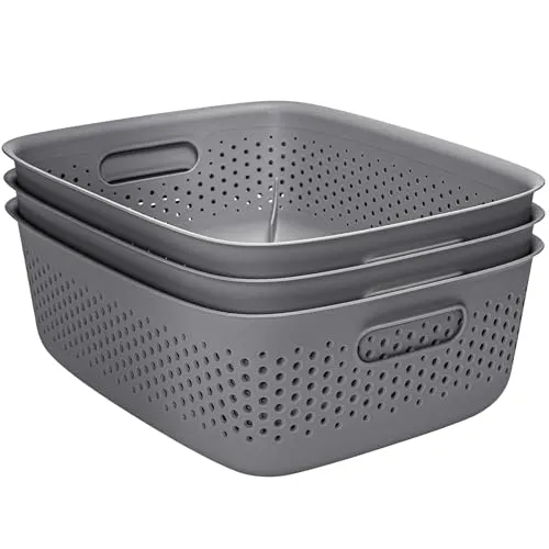 KONZEPT 3er Set Aufbewahrungsbox 10l, Aufbewahrungskorb aus Kunststoff mit Griff, perforierte, grau Boxen zur Aufbewahrung