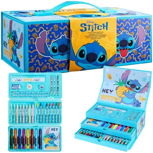 Disney Stitch Marker & Farbkasten Set, Zeichen- und Malset, 34-Teiliges Kunstset für Kinder mit Notizblock & Schreibwaren (Blau)
