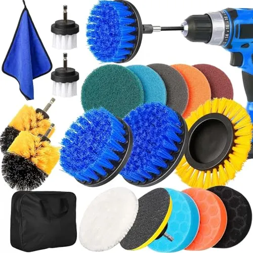 YOCOLE 20 Stück Bürstenaufsatz Akkuschrauber Bohrmaschine, 8 Drill Brush Set, Bürste Bohrbürste Kit Power Scrubber Reinigungsbürste für Felgen, Teppich, Badezimmer, Auto, Fliesen, Boden