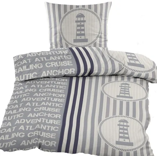 KH-Haushaltshandel Bettwäsche 2-tlg. Seersucker Bettwäsche 135x200 +80x80cm, Leuchturm, Seersucker, 2 teilig, martim, Leuchturm/Streifen, bügelfrei