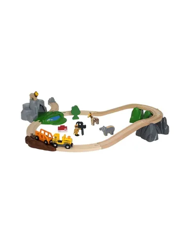 Safari Adventure Set - Holzspielzeug, fördert die Fantasie und Kreativität von Kindern mit bunten Tieren und Fahrzeugen für spannende Abenteuer.