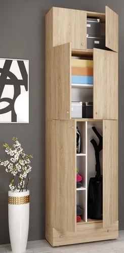 VCM Holz Besenschrank mit 6 Fächern - Büroschrank mit hochwertigem Metallbeschlägen, praktische Fachbodeneinteilung und großem Staubsauger-Fach für optimalen Stauraum.
