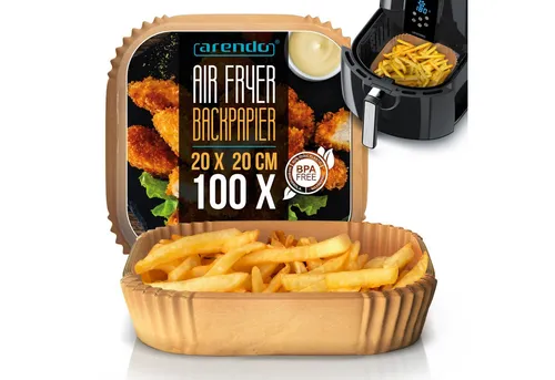 Arendo Backpapier für Heißluftfritteuse 100 St. - Antihaft & Ungebleicht - Backpapier für Heißluftfritteusen, Mikrowellen und Öfen. 100 Stück in hoher Qualität, wasser- und ölbeständig, ideal für kalorienarmes Kochen ohne Öl. Hergestellt aus ungebleichtem Rohholz-Zellstoff.