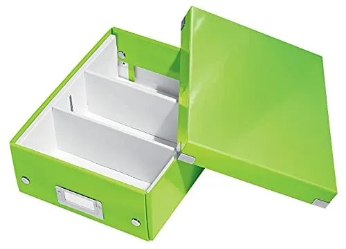 Leitz Click & Store Aufbewahrungsbox mit Deckel Klein, Box mit Trennwänden für Zubehör im Büro oder Utensilien im Haushalt, Transportbox aus 84 % recycelter Premium-Hartpappe, Grün, 60570054