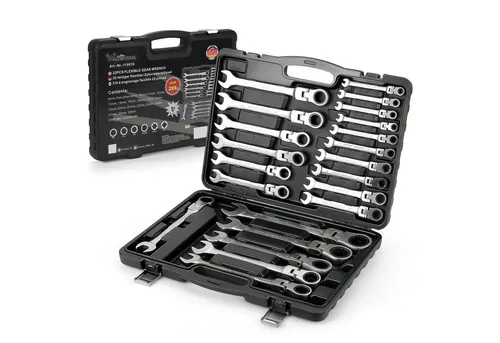 Walter Stahl Germany Ratschenringschlüssel Set 22-tlg. mit 180° Flexkopf - Vielseitiges 22-teiliges Ratschenschlüsselsatz für präzises Arbeiten. Mit 72-Zahn-Mechanismus und 5° Schwenkbereich, ideal für enge Stellen. Inklusive praktischer Tragetasche.