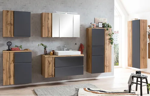 Badmöbel Komplett Set VASTO-03-GREY mit Keramik-Waschbecken und LED