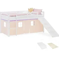 Homestyle4u Hochbett in Lila und Weiß - Hochbett für Kinderzimmer, inklusive stabiler Rutsche und Sicherheitsumrandung. Mit Lattenrost und Matratze für optimalen Schlafkomfort. Wechselseitig montierbare Leiter für individuellen Aufbau.