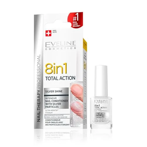 Eveline Cosmetics 8in1 Total Action – Konzentrierter Nagelconditioner mit Silberpartikeln – Stärkt, regeneriert & schützt brüchige Nägel – Mit Strong Nail-Komplex (Titan & Diamant), 12 ml