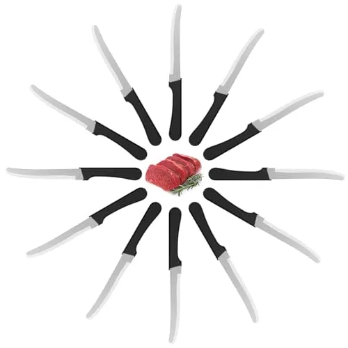Maxentico messer wellenschliff 12 Stück, frühstücksmesser rostfrei, brötchenmesser wellenschliff, tomatenmesser knife, tafelmesser scharf, brotzeitmesser jausenmesser, Klinge 12.5 Cm, schwarz