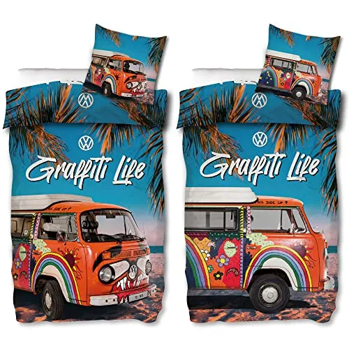 VW Volkswagen Bulli Bettwäsche Graffiti Life 135x200 cm - Bettwaren-Set für Kinder, 100% Baumwolle in Linon-Qualität, pflegeleicht und atmungsaktiv – ideal für VW-Fans, die von Abenteuern träumen!