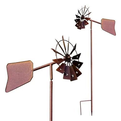 Metall Rost Windmühle mit Windfahne - 120 x 17 cm - Deko Gartenstecker Windrad - Deko Blumenstecker Beetstecker Windspiel wetterfest