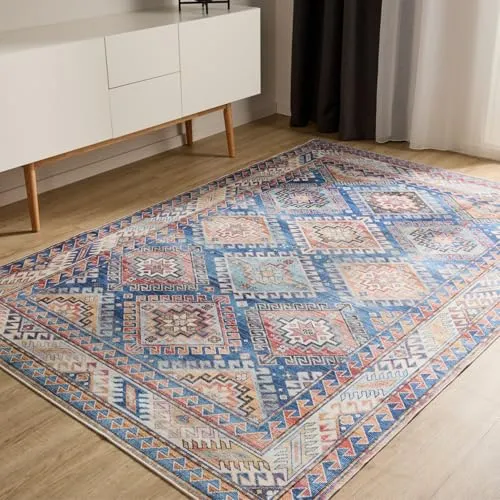 benuta Basic Waschbarer Teppich George - Blau 80x150 cm - Pflegeleicht & Elegant - Dieser stilvolle Teppich im Vintage-Design bringt modernes Flair in Ihr Zuhause. Mit seiner Anti-Rutsch-Rückseite bietet er sicheren Halt und ist zudem bei 30° maschinenwaschbar – ideal für Familien mit Kindern und Haustieren.