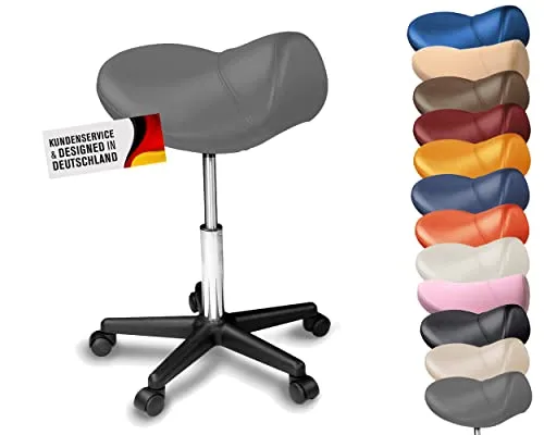 Duke-Handel Drehhocker Sattelhocker - Ergonomischer Rollhocker in Grau - Drehhocker für ergonomisches Sitzen, höhenverstellbar und mit pflegeleichtem Kunstlederbezug, ideal für Home Office oder Werkstatt.
