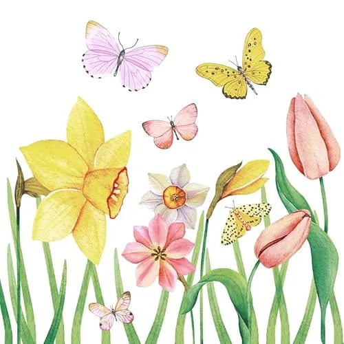 Servietten Blumen Schmetterlinge an Frühlingsblumen als Tischdeko. Papierservietten mit Motiv. Auch für Decoupage und Serviettentechnik 33x33cm 20