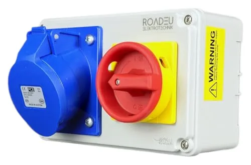 RoadEu CEE Wandsteckdose 32A 3P 230V - Steckdosen & Zubehör – Wetterfeste IP44 Wandsteckdose mit Hauptschalter und Verriegelung für sichere Stromzufuhr in Werkstatt, Garten und Garage.