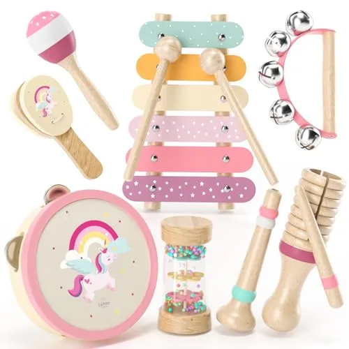 Lehoo Castle Musikinstrumente für Kinder ab 1 Jahr, Mädchen Montessori Spielzeug Geschenk 2 3 Jahre, Kinder Holz Instrumente Musik Set mit Xylophon & Tromme