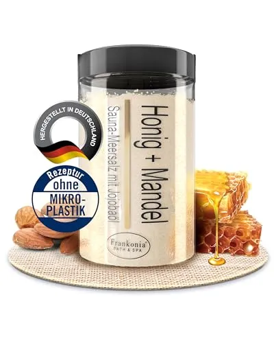 Frankonia BATH & SPA Sauna Salz Peeling Honig Mandel – 400 g Meersalz-Körperpeeling mit Jojobaöl & Vitamin E – Dusch- & Body Scrub für alle Hauttypen – Vegan & ohne Parabene – ohne Microplastik