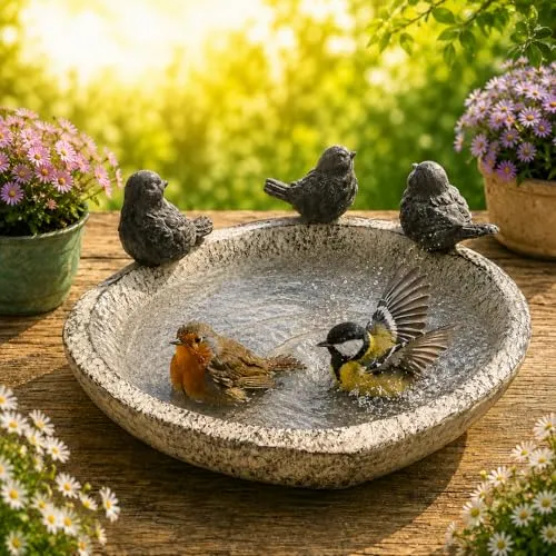 XL Vogeltränke Ø 38 cm – Wetterfestes Vogelbad mit Deko-Vögeln für Garten & Terrasse