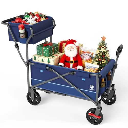 EVER ADVANCED Bollerwagen faltbar schieben&ziehen mit Bremse Einkaufskorb Getränkhalter Seitentasche Handwagen klappbar Strandwagen bis 120kg Faltwagen Transportwagen für Camping