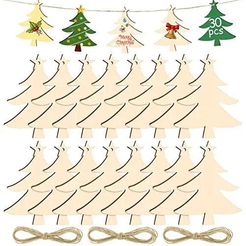 Stück Holz Weihnachtsbaum Deko zum Aufhängen, Weihnachten Holzanhänger zum DIY Basteln Bemalen für Weihnachtsschmuck Geschenkanhänger 30