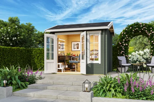 Gartenhaus Blockhaus Alex Mini 270x220 cm - Satteldach in grün - Gartenhaus aus 44 mm Blockbohlen mit isolierverglasten Fenstern, ideal für Gartenliebhaber, bietet 4.61 m² Nutzfläche und ist abschließbar.