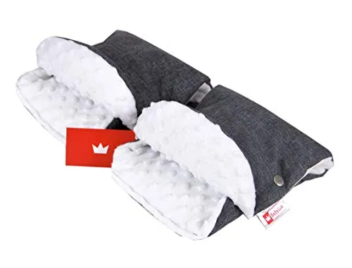 BABYLUX MUFF Handmuff PLÜSCH Handwärmer für Kinderwagen Buggy Handschuh 2 Stück (7. Grau + Minky Weiß)