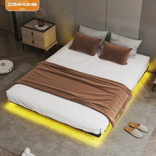 COMHOMA Metallbett mit LED & Steckdosen