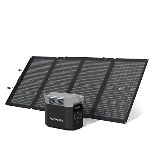EcoFlow DELTA 2 Tragbare Powerstation mit 220W Solar Panel - Ladestation für Camping & Wohnmobile, bietet 320000 mAh Kapazität und ist in nur 80 Minuten voll aufgeladen – ideal für Notstromversorgung unterwegs.