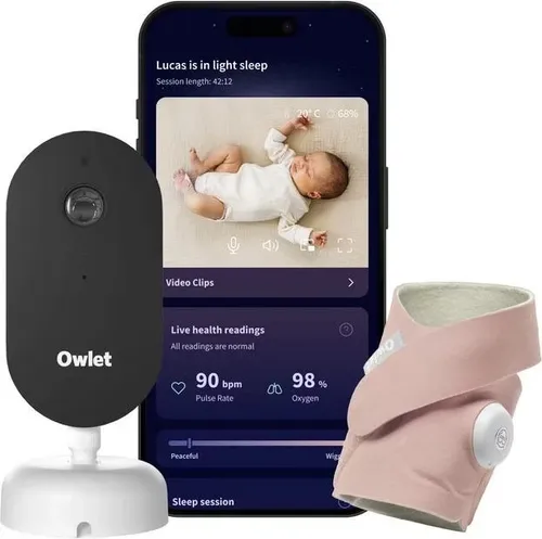 Owlet Dream Duo – Smart Baby Monitor mit 2K HD Kamera - Babyphones mit medizinisch geprüftem Dream Sock® Sensor zur präzisen Überwachung von Herzfrequenz und Sauerstoffsättigung – für erholsame Nächte und Sicherheit.
