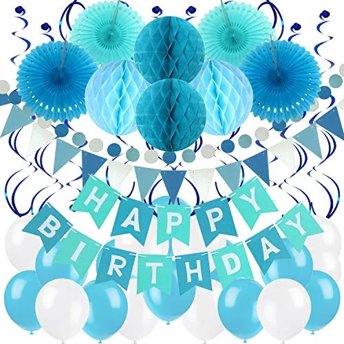 ZERODECO Geburtstag Dekoration, Happy Birthday Banner Wabenbälle und Fächerdekoration Papier Girlande Fächer Dreieckige Wimpel Spiral Girlanden und Luftballon
