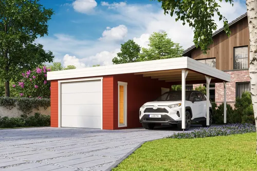 Garage Pultdach 44 mm Bahamas mit Sektionaltor rot 680x560 cm - Robuste Holzgarage mit 34,59 m² Nutzfläche, abschließbarem Sektionaltor und isolierverglasten Fenstern – ideal für die sichere Unterbringung von Fahrzeugen und Geräten.