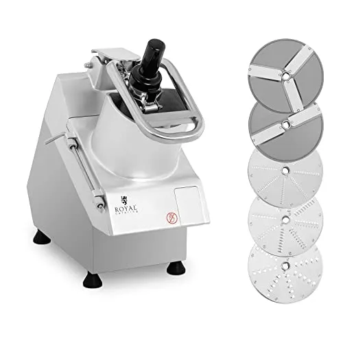 Royal Catering Gemüseschneider elektrisch 750 W - 5 Messerscheiben - Reiben & Küchenreiben: Effizienter Gemüseschneider für Gastronomie mit 750 W Motor, 5 Edelstahl-Messerscheiben und sicherem Kunststoffstopfer für schnelles Zerkleinern von Obst und Gemüse.
