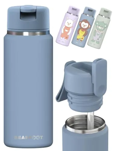 BEARFOOT TINY Edelstahl Trinkflasche Kinder 200ml (Blau) | Vakuumisolierte Isolierflasche, mit Strohhalm, auslaufsichere Thermoflasche, für Mädchen & Jungen